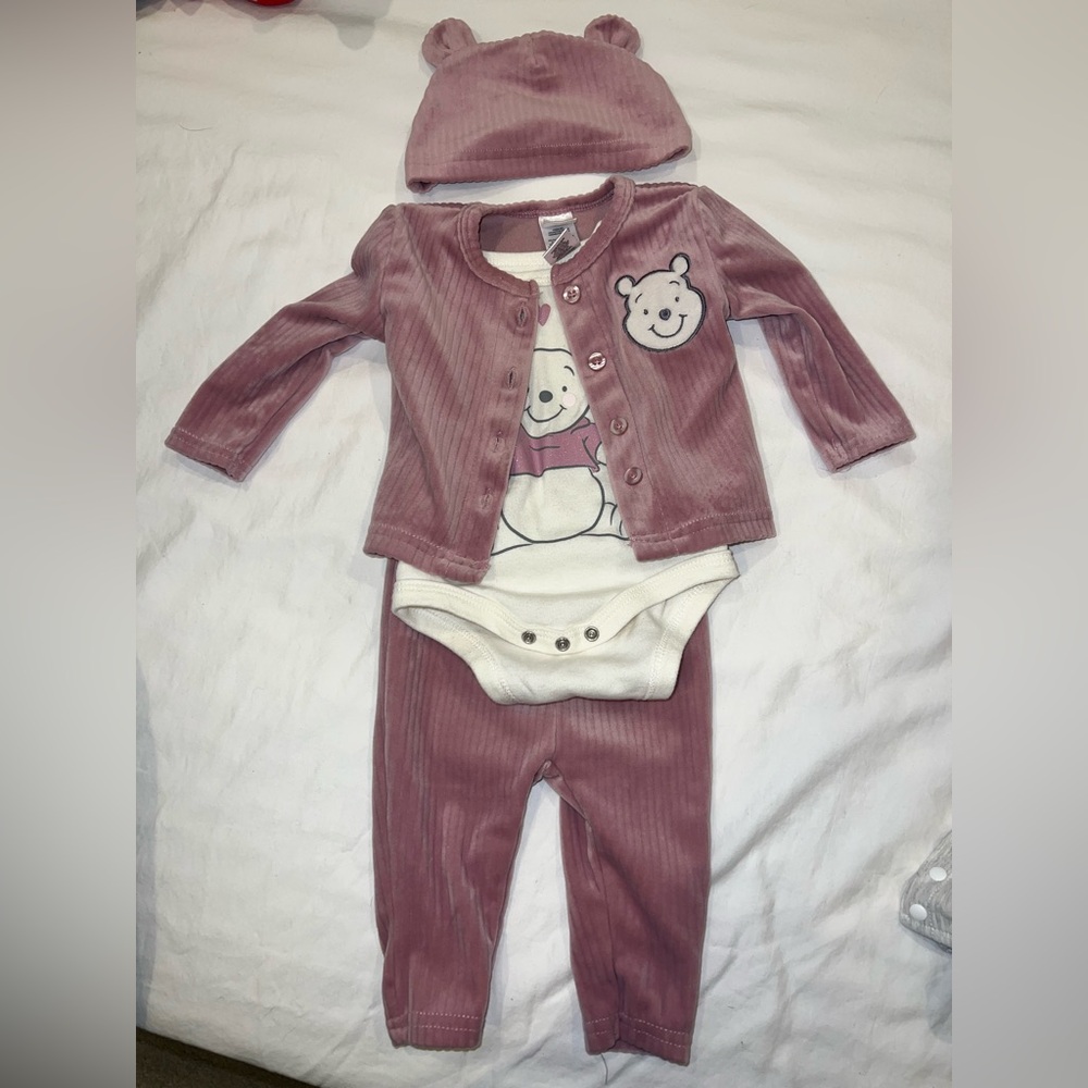 EUC Disney baby velour outfit with ear hat.